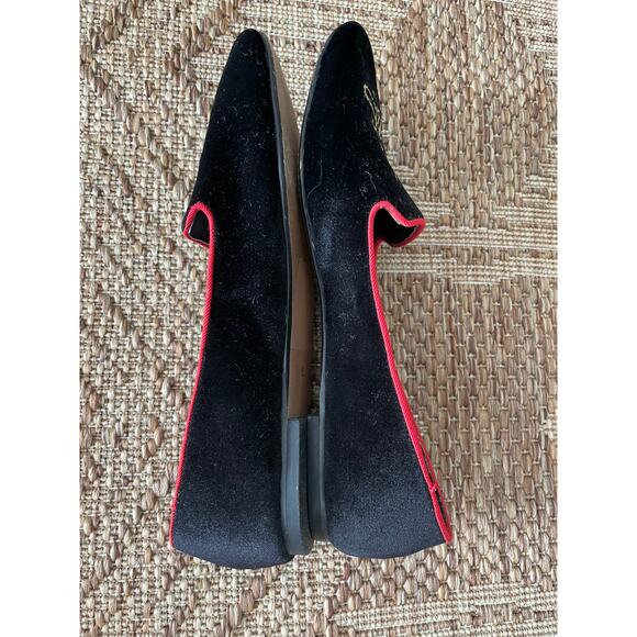 Joe Fresh black Velvet Monogram Driving Slippers with red trim SZ 8 flats - Picture 4 of 7